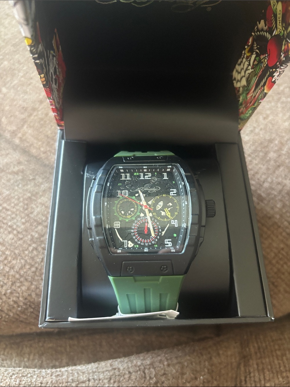 Ed Hardy Black Case Green Strap Men's Chronograph style Watch